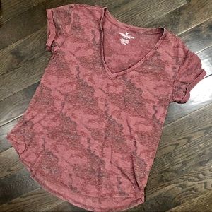American Eagle shades of burgundy camo burnout tee